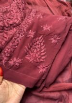Nikhat Viscose Chikankari and Mukesh Work 3pc Set- Terracotta Brown - Image 8