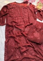 Nikhat Viscose Chikankari and Mukesh Work 3pc Set- Terracotta Brown - Image 3