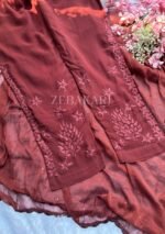 Nikhat Viscose Chikankari and Mukesh Work 3pc Set- Terracotta Brown - Image 9