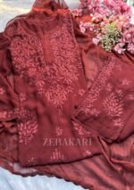 Nikhat Viscose Chikankari and Mukesh Work 3pc Set- Terracotta Brown - Image 10