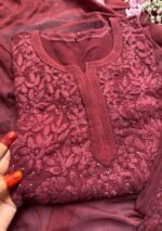 Nikhat Viscose Chikankari and Mukesh Work 3pc Set- Terracotta Brown - Image 7
