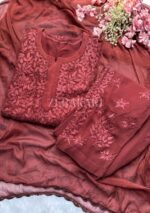 Nikhat Viscose Chikankari and Mukesh Work 3pc Set- Terracotta Brown - Image 2