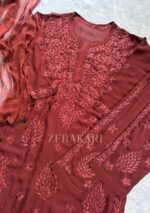 Nikhat Viscose Chikankari and Mukesh Work 3pc Set- Terracotta Brown - Image 11