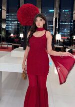 Layla Viscose Chikankari Strappy Short Kurti Gharara Set- Scarlet Red - Image 2