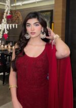 Layla Viscose Chikankari Strappy Short Kurti Gharara Set- Scarlet Red - Image 3