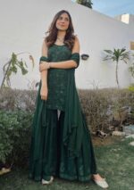 Layla Viscose Chikankari Strappy Short Kurti Gharara Set- Bottle Green
