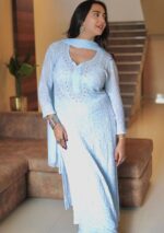 Dia Viscose Resham Jaal Chikankari and Mukesh Work 3pc Set- Sky Blue - Image 2