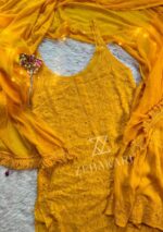 Layla Viscose Chikankari Strappy Short Kurti Gharara Set- Mustard Yellow - Image 4