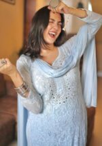 Dia Viscose Resham Jaal Chikankari and Mukesh Work 3pc Set- Sky Blue