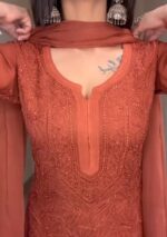 Inayat Viscose Resham Jaal Chikankari Work 3pc Set- Rust Brown - Image 4