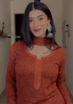 Inayat Viscose Resham Jaal Chikankari Work 3pc Set- Rust Brown