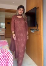 Nikhat Viscose Chikankari and Mukesh Work 3pc Set- Brown