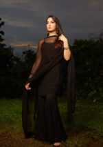 Layla Viscose Chikankari Strappy Short Kurti Gharara Set- Black