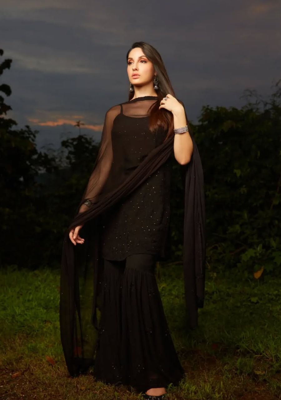 1_20250918_194244_0000 Layla Viscose Chikankari Strappy Short Kurti Gharara Set- Black - Image 1