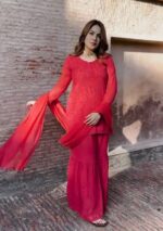 Lubna Viscose Chikankari Short Kurti Gharara Set- Red - Image 4