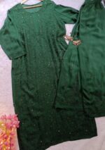Dia Viscose Resham Jaal Chikankari and Mukesh Work 3pc Set- Bottle Green - Image 4