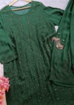Dia Viscose Resham Jaal Chikankari and Mukesh Work 3pc Set- Bottle Green - Image 3