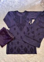 Mehrunnisa Chikankari Farshi Shalwar Suit- Navy Blue - Image 4