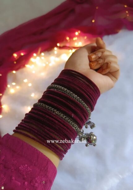 Oxidised Silver and Velvet Bangles Set- Plum