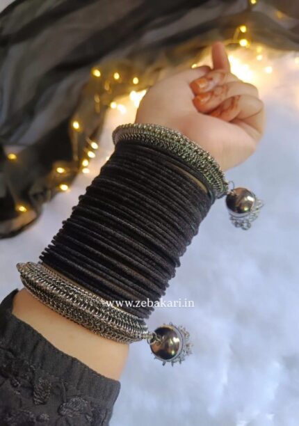 Oxidised Silver and Velvet Bangles Set- Black