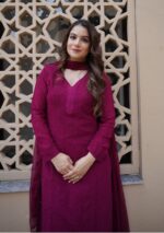 Inayat Viscose Resham Jaal Chikankari Work 3pc Set- Wine