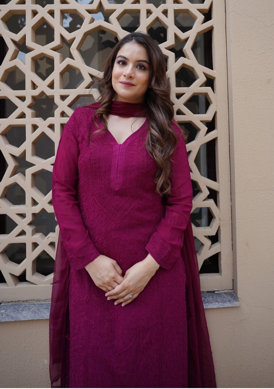 22_20250911_213753_0021 Inayat Viscose Resham Jaal Chikankari Work 3pc Set- Wine - Image 1