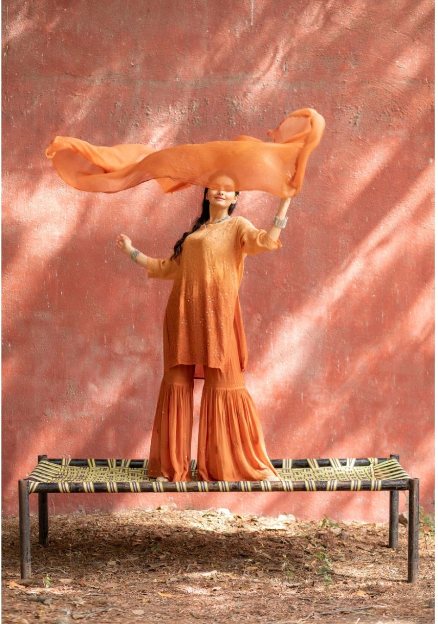 27_20250911_213753_0026 Nagma Viscose Chikankari Short Kurti Gharara Set- Rust Ombre - Image 1