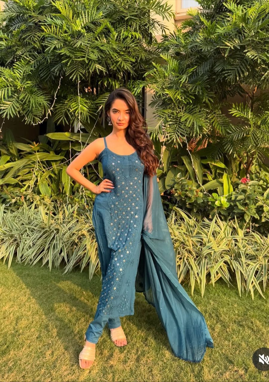 2_20250904_101815_0001 Anushka Strappy Viscose Chikankari and Ring Mukesh Work 3pc Set- Teal Blue - Image 1