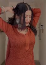 Inayat Viscose Resham Jaal Chikankari Work 3pc Set- Rust Brown - Image 2