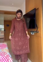 Nikhat Viscose Chikankari and Mukesh Work 3pc Set- Brown - Image 3