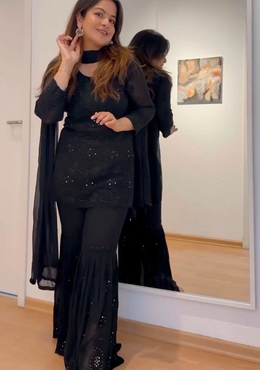 2_20250918_194245_0001 Lubna Viscose Chikankari Short Kurti Gharara Set- Black - Image 1