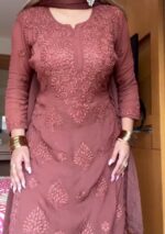 Nikhat Viscose Chikankari and Mukesh Work 3pc Set- Brown - Image 5