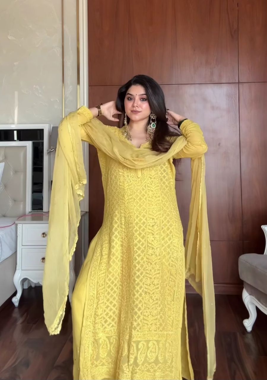 3_20250910_212945_0002 Dia Viscose Resham Jaal Chikankari and Mukesh Work 3pc Set- Yellow - Image 1