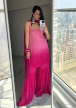 Layla Viscose Chikankari Strappy Short Kurti Gharara Set- Ombre Pink