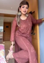 Nikhat Viscose Chikankari and Mukesh Work 3pc Set- Brown - Image 2