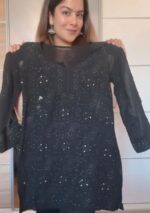 Lubna Viscose Chikankari Short Kurti Gharara Set- Black - Image 3