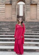 Lubna Viscose Chikankari Short Kurti Gharara Set- Red