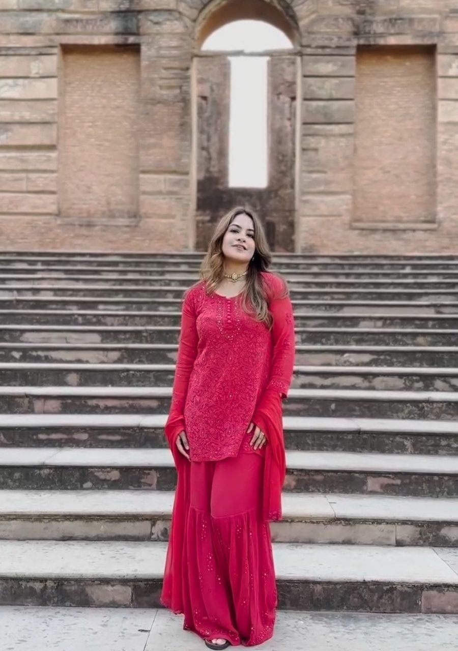 3_20250928_124132_0002 Lubna Viscose Chikankari Short Kurti Gharara Set- Red - Image 1