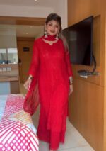 Dia Viscose Resham Jaal Chikankari Work 3pc Set- Red - Image 2