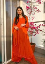 Dia Viscose Resham Jaal Chikankari and Mukesh Work 3pc Set- Orange