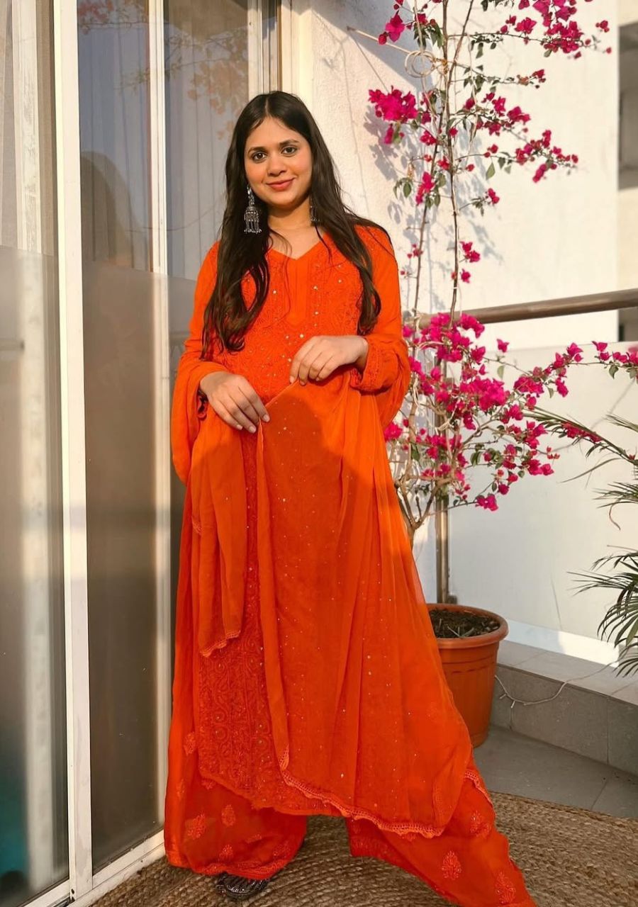 7_20250910_212945_0006 Dia Viscose Resham Jaal Chikankari and Mukesh Work 3pc Set- Orange - Image 1