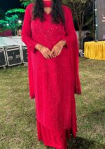 Dia Viscose Resham Jaal Chikankari and Mukesh Work 3pc Set- Rose Red - Image 6