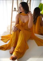 Layla Viscose Chikankari Strappy Short Kurti Gharara Set- Mustard Yellow - Image 2