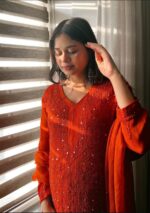 Dia Viscose Resham Jaal Chikankari and Mukesh Work 3pc Set- Orange - Image 2