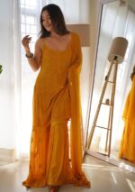 Layla Viscose Chikankari Strappy Short Kurti Gharara Set- Mustard Yellow