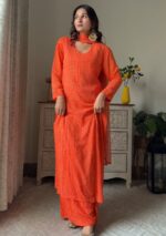 Dia Viscose Resham Jaal Chikankari and Mukesh Work 3pc Set- Orange - Image 3