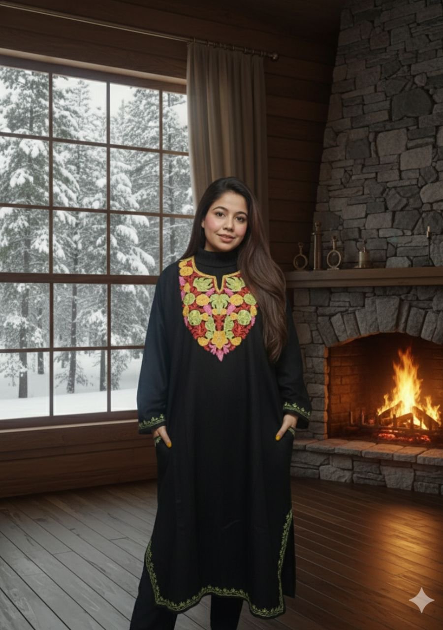 2025/10/1001557878.jpg Kashmiri Woolen Pheran - Black with green border - Image 1