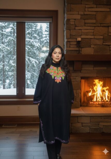 Kashmiri Woolen Pheran - Black with purple border