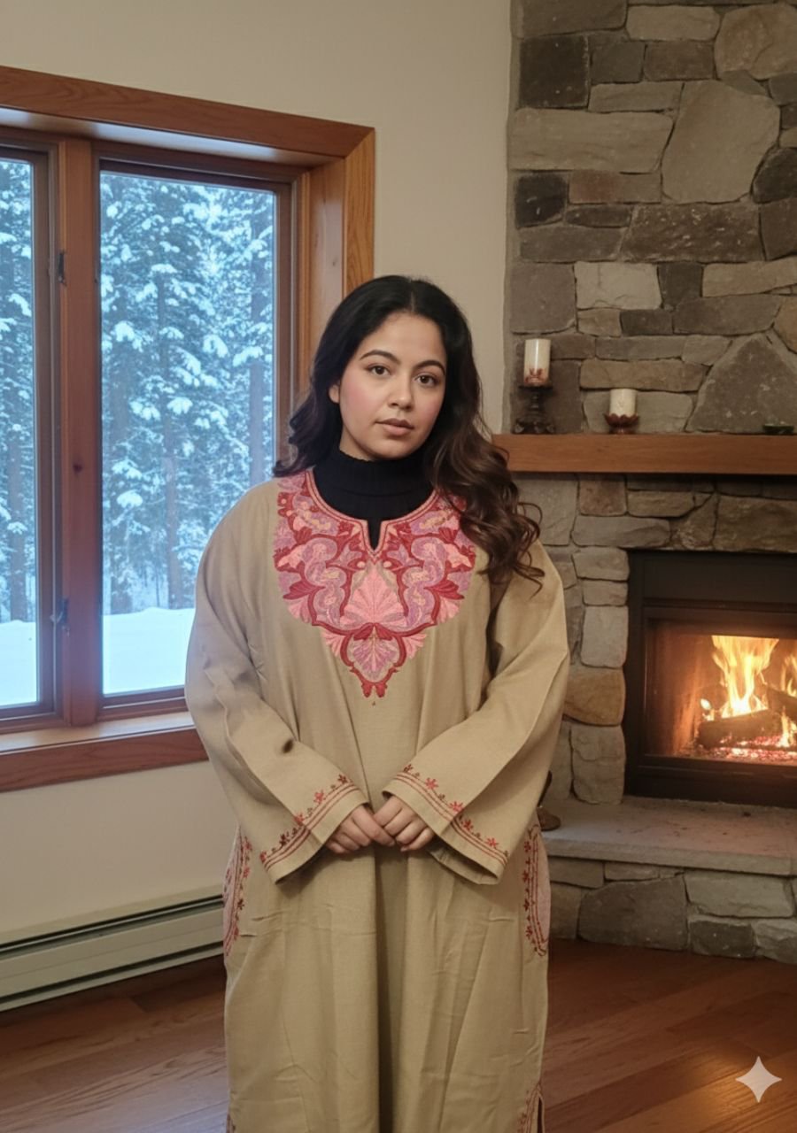 2025/10/1001557883.jpg Kashmiri Woolen Pheran - Beige brown - Image 1