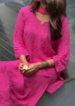 Palak Chikankari Rayon Kurta Set with Dupatta- Fuchsia Pink